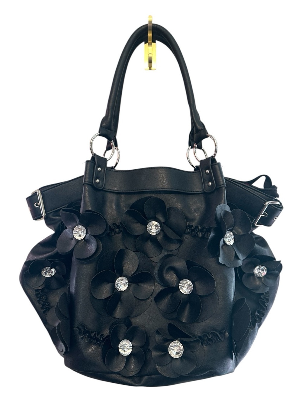 Vintage Y2K Era “Bueno” Black Floral Applique & Rhinestone Shoulder Bag